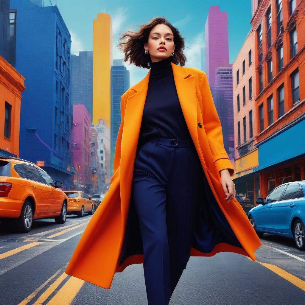 A bold and artistic representation of fashion trends, featuring a stylish woman confidently wearing a contemporary outfit with unique textures and layering. The image captures the juxtaposition of intimate aesthetics and empowerment, with vibrant colors and dynamic poses. The background illustrates an abstract blend of cityscape and empowering symbolic elements, emphasizing freedom and individual expression. Incorporate playful, unexpected elements to enhance the trend's audaciousness. super-realistic. vibrant colors. contemporary art style.