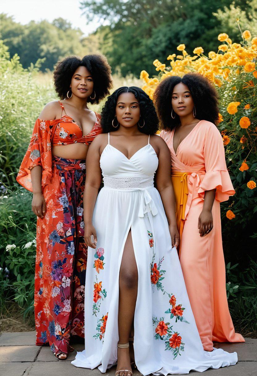 A serene outdoor scene showcasing diverse individuals of various sizes and ethnic backgrounds confidently posing in stylish yet sensual outfits. The setting is adorned with vibrant flowers and soft natural light, highlighting the beauty of their bodies and the essence of body positivity. Include elements like flowing fabrics and playful gestures to convey freedom and self-expression. Emphasize warmth, acceptance, and empowerment in the atmosphere. vibrant colors. dreamy aesthetic.